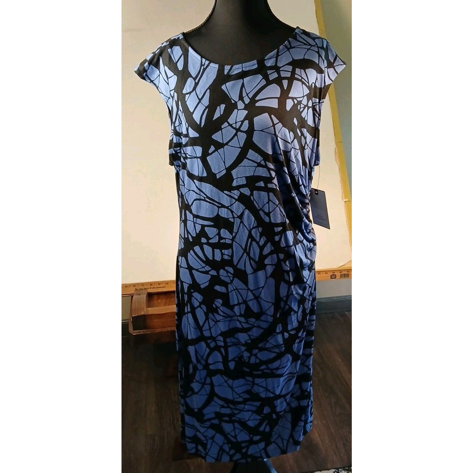 New Dana Buchman Blue Black Cinch Waist Sleeveless Stretch Sheath Dress Large